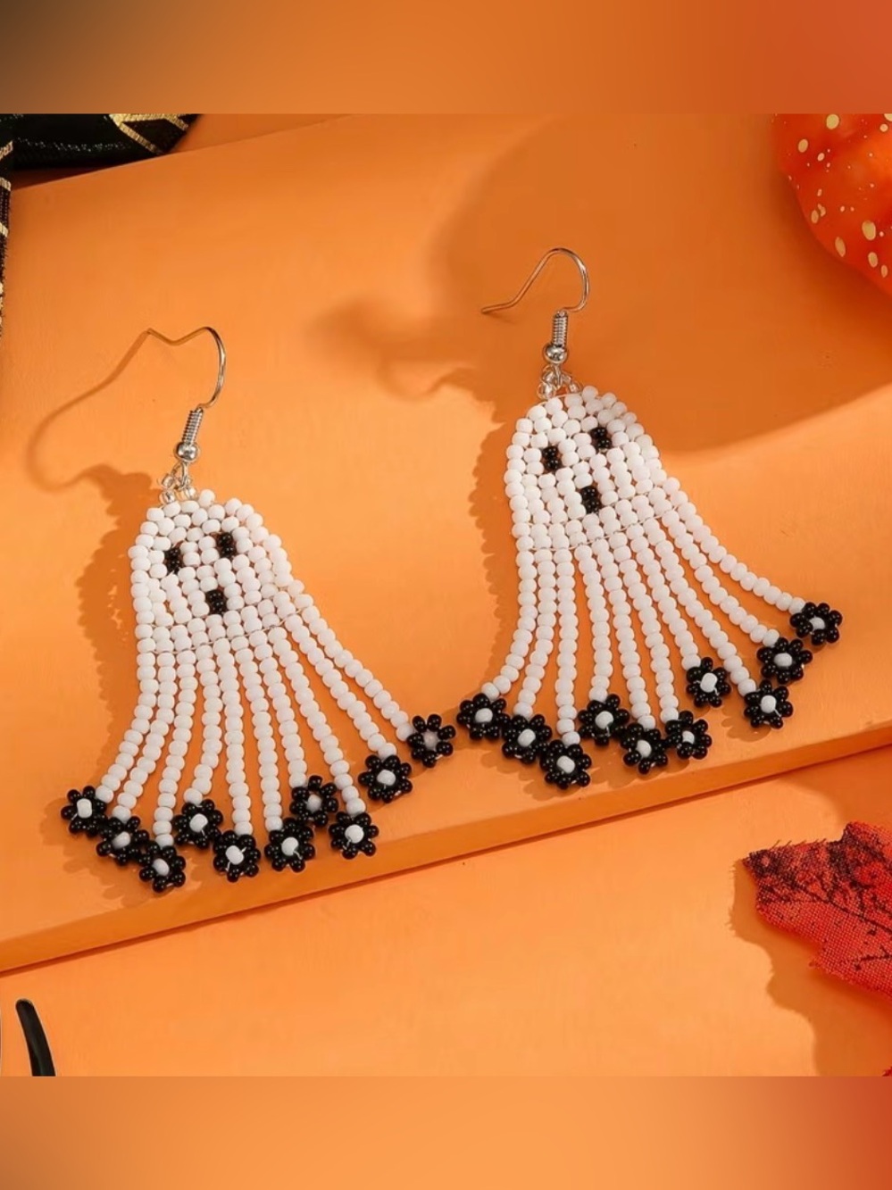 White and Black Beaded Fringe Ghost Earrings Halloween Earrings